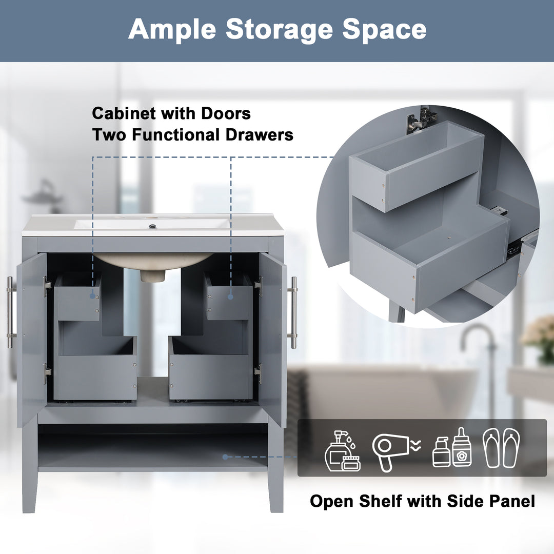 30" Bathroom Vanity with Sink, Multi-functional Bathroom Cabinet with Doors and Drawers, Solid Frame and MDF Board, Grey