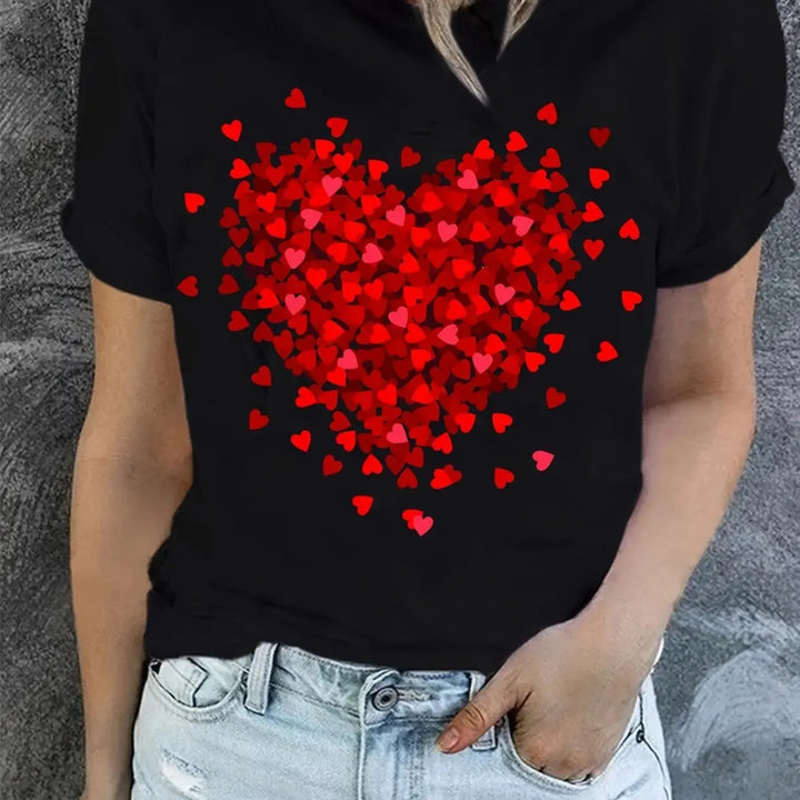 Women Heart Print T-Shirt For Valentine's Day Gifts, Crew Neck Short Sleeve T-Shirt, Casual Every Day Tops, Women's Clothing