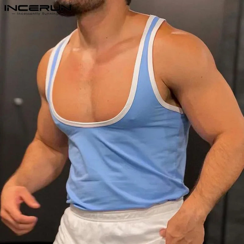 INCERUN Men Tank Tops Patchwork O-neck Sleeveless Streetwear 2024 Male Vests Fitness Summer Fashion Casual Men Clothing S-5XL