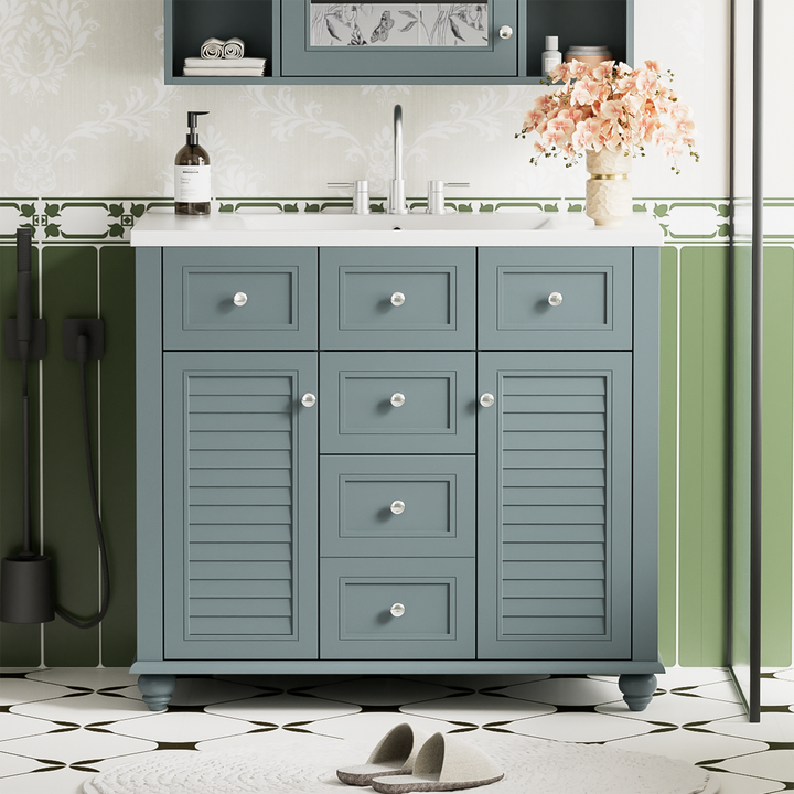 36 "bathroom makeup cabinet with resin sink combination and 2 drawers, with soft closing door, blue color