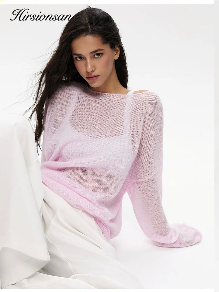 Hirsionsan Elegant Sweater Women 2024 Summer Autumn Casual Fashion Loose Women Pullovers Chic Pink White Jumper Sueter Mujer