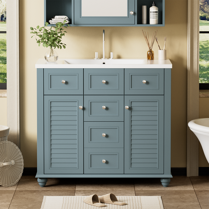 36 "bathroom makeup cabinet with resin sink combination and 2 drawers, with soft closing door, blue color