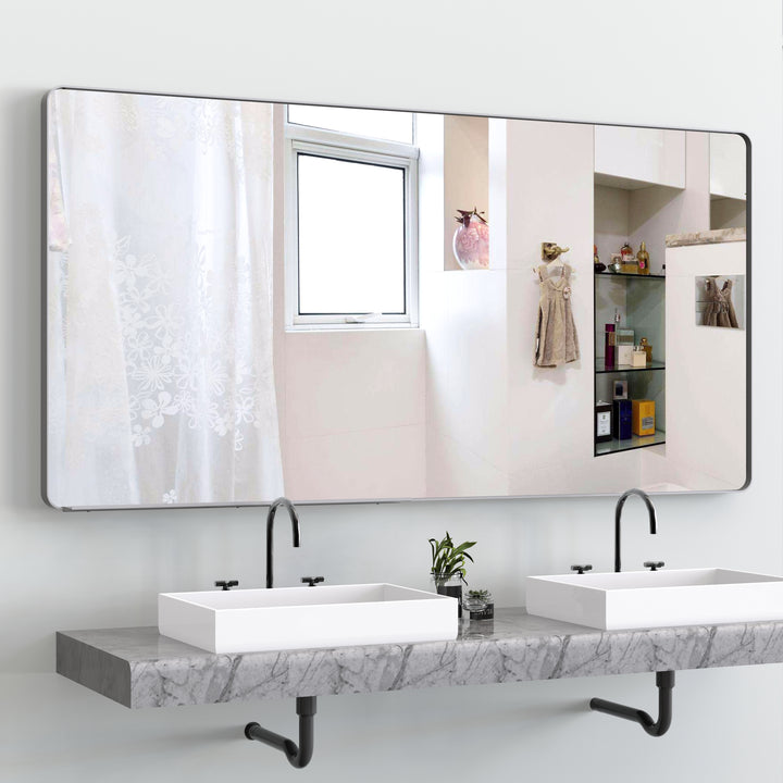 Large bathroom mirror with movable tray wall mounted mirror, vertically and horizontally suspended aluminum frame wall mounted m