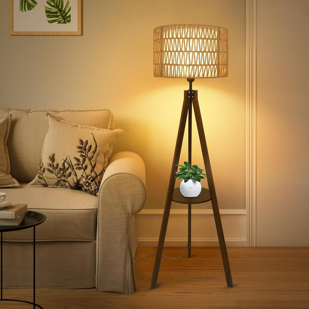 Standing Boho Wood Lamp w/ Shelves