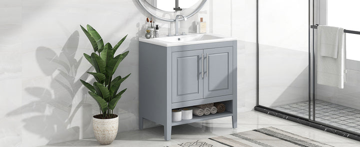 30" Bathroom Vanity with Sink, Multi-functional Bathroom Cabinet with Doors and Drawers, Solid Frame and MDF Board, Grey