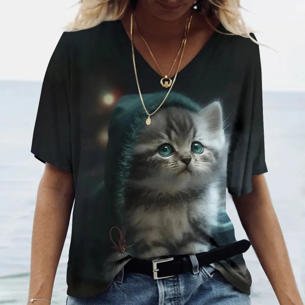 Fashion Women's T-shirt Cat Printed Short Sleeve Female Harajuku Tees Ladies T Shirt Oversized V-neck Tops Animal Women Clothing