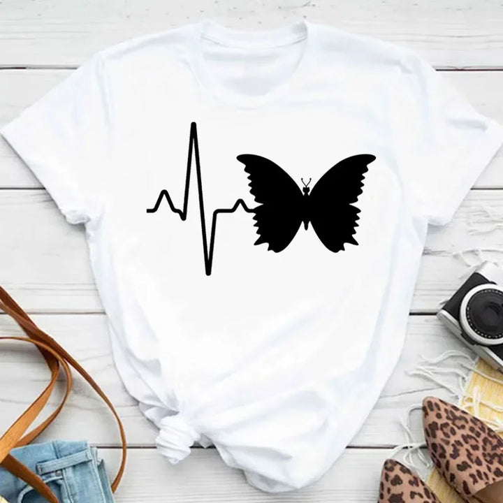 Women's Colorful Butterfly Petal Print T-Shirt, Short Sleeve, Round Neck, Cute Graphic Tee Shirts, Female Tops Clothes