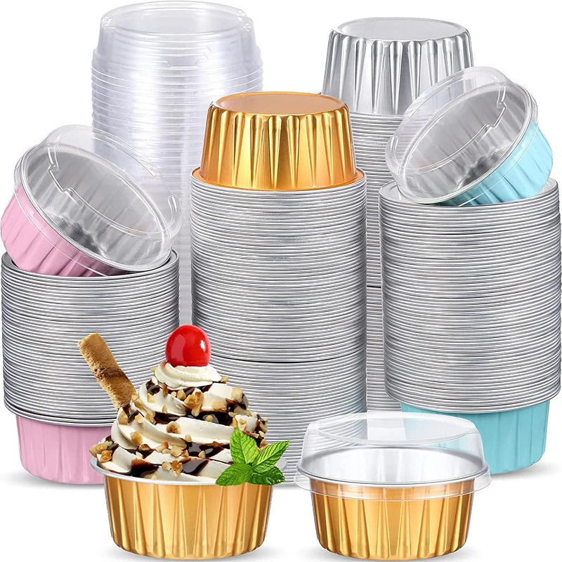 50Pcs Disposable Mini Baking Cups Aluminium Foil Cake Pans With Lids Spoons Heat Resistant Muffin Cake Cup For Gatherings Party