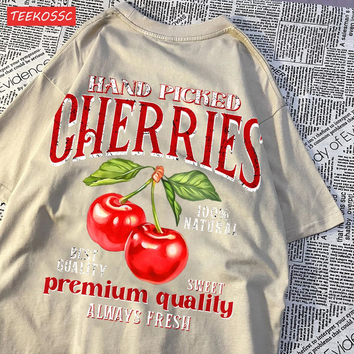 Fashion Cotton Women'S T-Shirts Hand Picked Cherries Printing Tops Oversize Crewneck Soft Short Sleeve Street Female Clothes