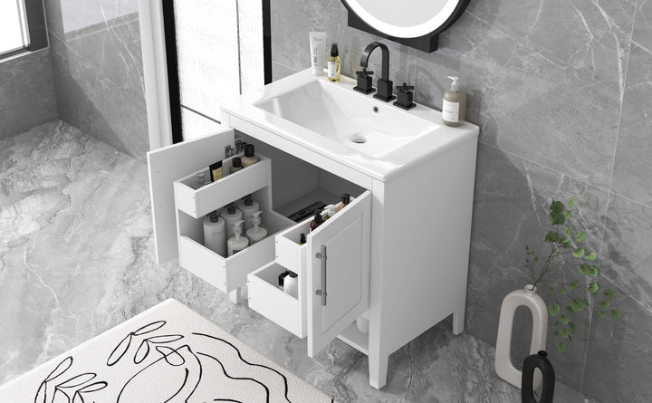 30" Bathroom Vanity with Sink  Multi-functional Bathroom Cabinet with Doors and Drawers Solid Frame and MDF Board, White