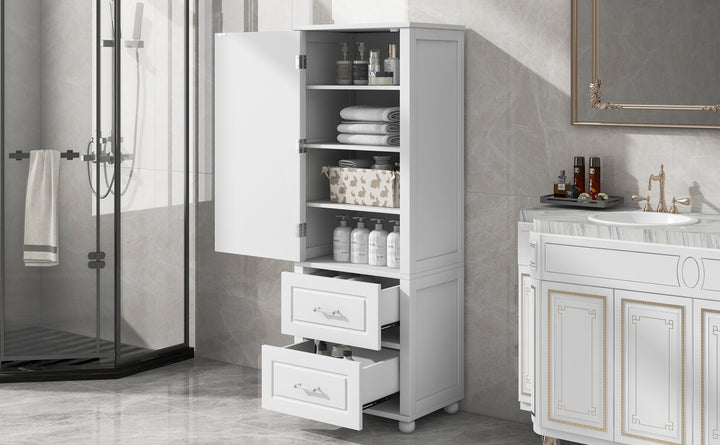 Tall bathroom storage cabinet with two drawers and adjustable shelves for independent storage