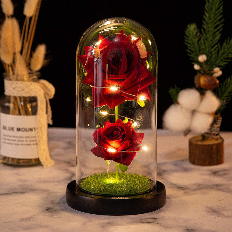 Gift Two Roses Glass Cover Ornament LED Light Simulation Immortal