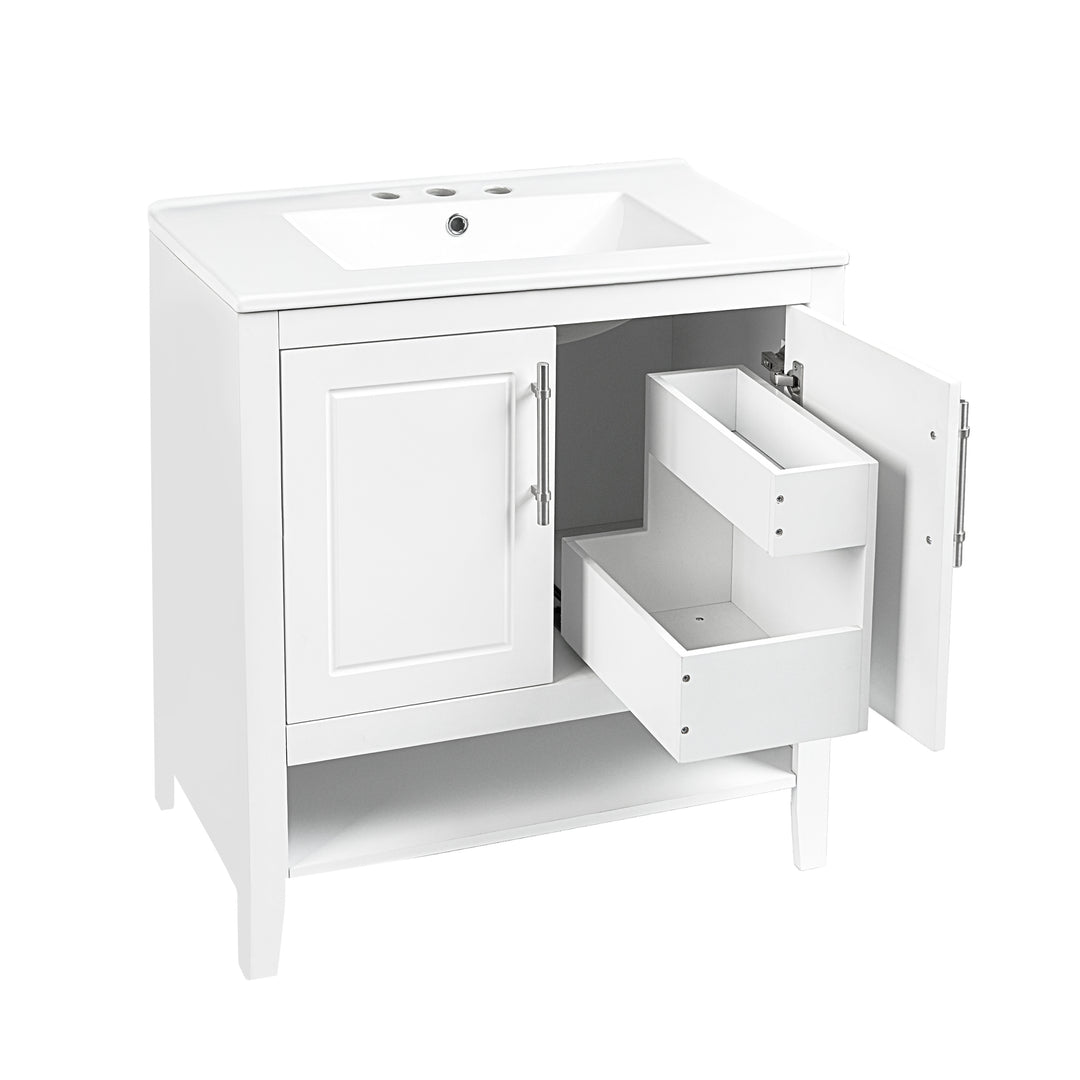 30" Bathroom Vanity with Sink  Multi-functional Bathroom Cabinet with Doors and Drawers Solid Frame and MDF Board, White