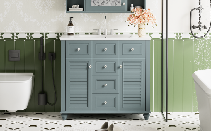 36 "bathroom makeup cabinet with resin sink combination and 2 drawers, with soft closing door, blue color