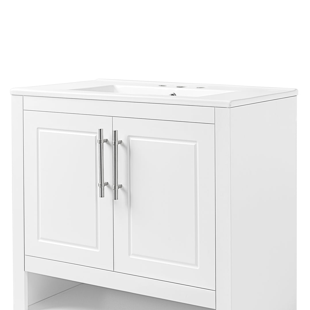 30" Bathroom Vanity with Sink  Multi-functional Bathroom Cabinet with Doors and Drawers Solid Frame and MDF Board, White