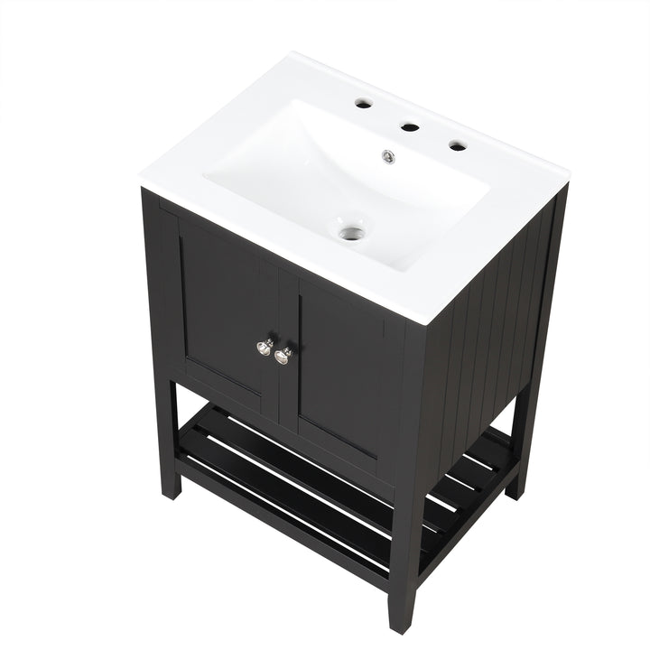 24 inch Modern Black Bathroom Cabinet With Ceramic Sink & Solid Wood Frame