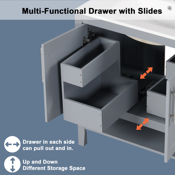 30" Bathroom Vanity with Sink, Multi-functional Bathroom Cabinet with Doors and Drawers, Solid Frame and MDF Board, Grey