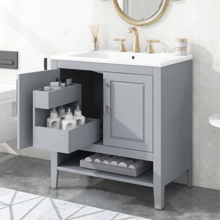 30" Bathroom Vanity with Sink, Multi-functional Bathroom Cabinet with Doors and Drawers, Solid Frame and MDF Board, Grey