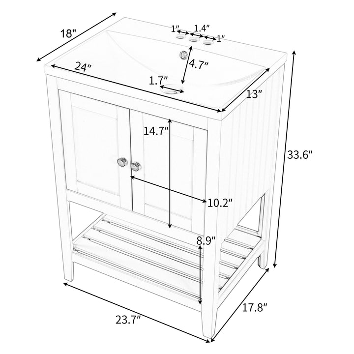 24 inch Bathroom Cabinet With Ceramic Sink & Solid Wood Frame