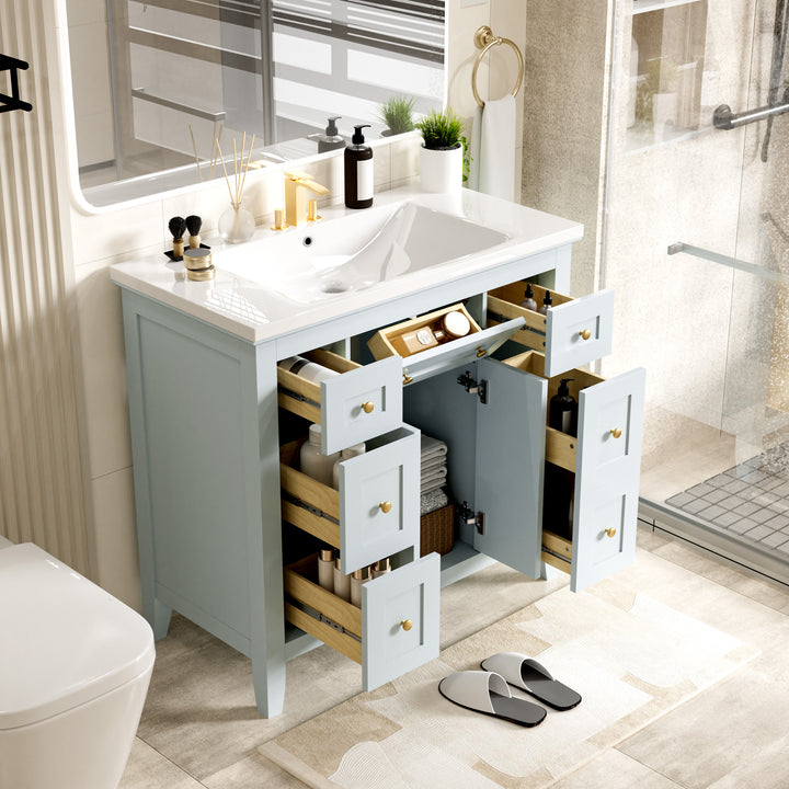 36 inch bathroom vanity with resin sink combination set with 6 drawers and 2 cabinets, storage cabinet vanity set, light blue