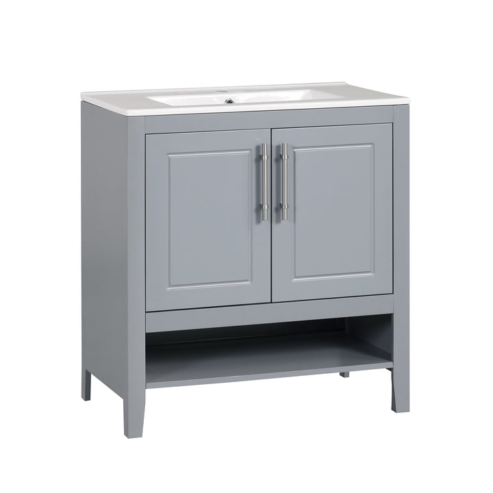 30" Bathroom Vanity with Sink, Multi-functional Bathroom Cabinet with Doors and Drawers, Solid Frame and MDF Board, Grey