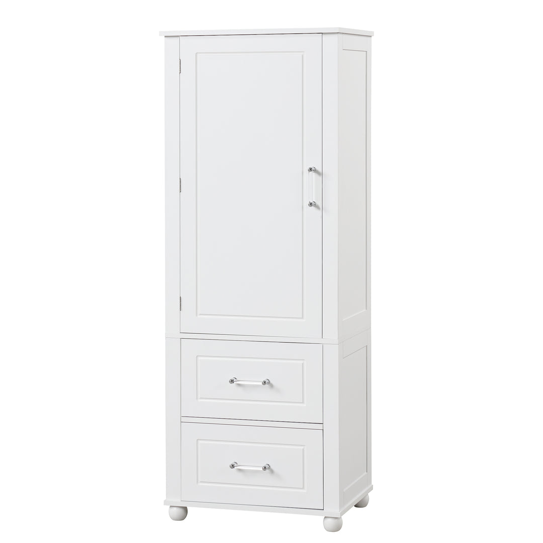 Tall bathroom storage cabinet with two drawers and adjustable shelves for independent storage