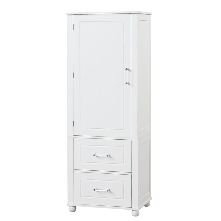 Tall bathroom storage cabinet with two drawers and adjustable shelves for independent storage