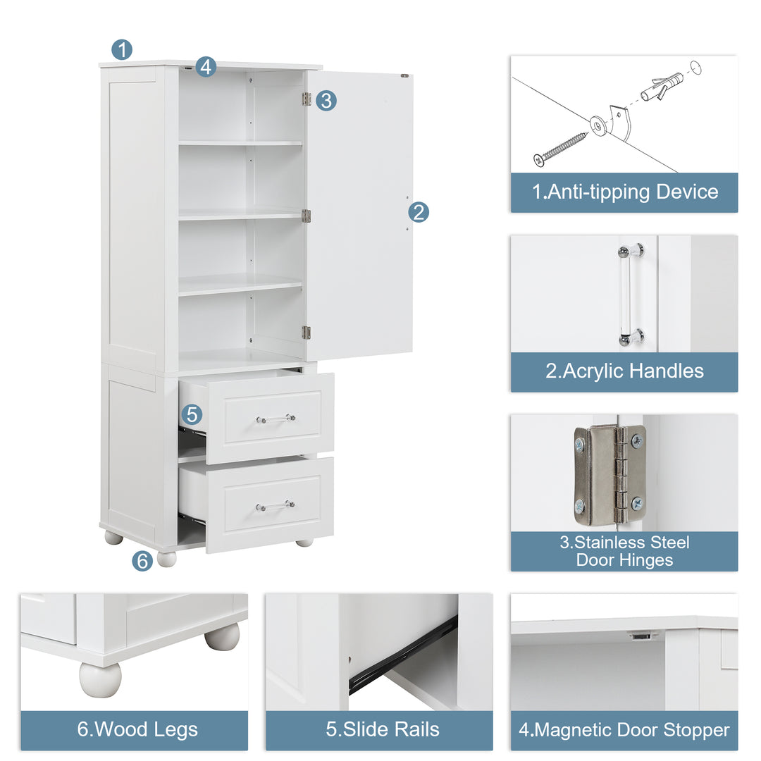 Tall bathroom storage cabinet with two drawers and adjustable shelves for independent storage