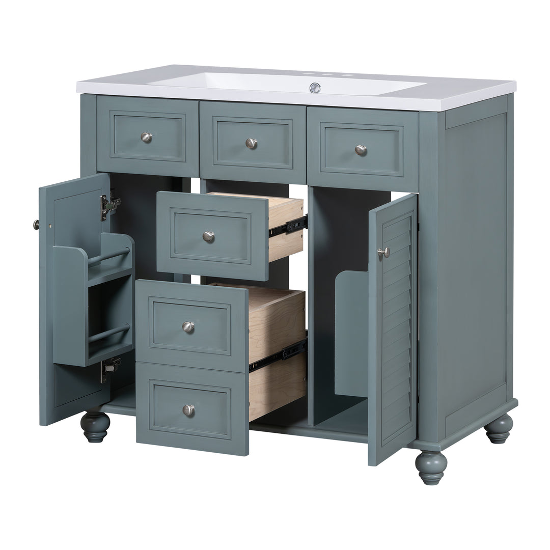 36 "bathroom makeup cabinet with resin sink combination and 2 drawers, with soft closing door, blue color