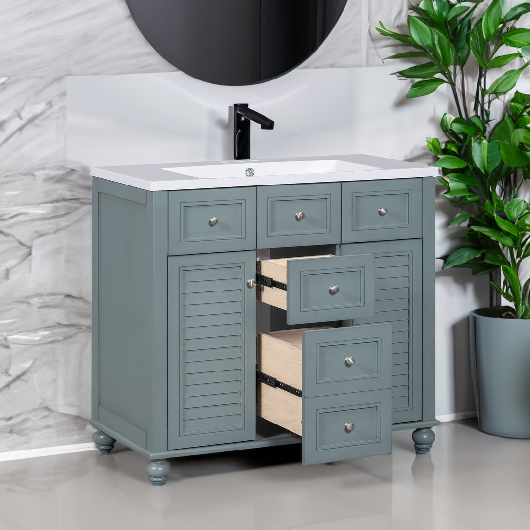 36 "bathroom makeup cabinet with resin sink combination and 2 drawers, with soft closing door, blue color