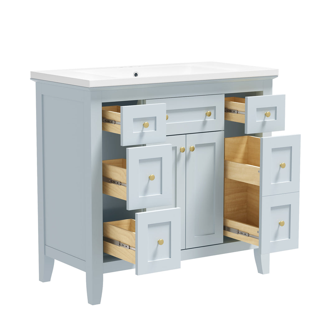 36 inch bathroom vanity with resin sink combination set with 6 drawers and 2 cabinets, storage cabinet vanity set, light blue