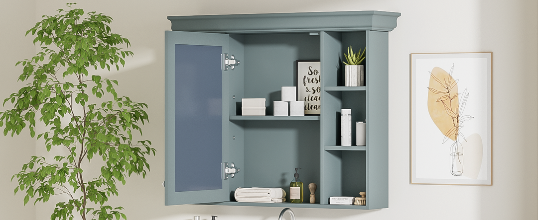 35 ''x 28' 'blue wall mounted bathroom storage cabinet with mirror door and medication cabinet with 6 open shelves