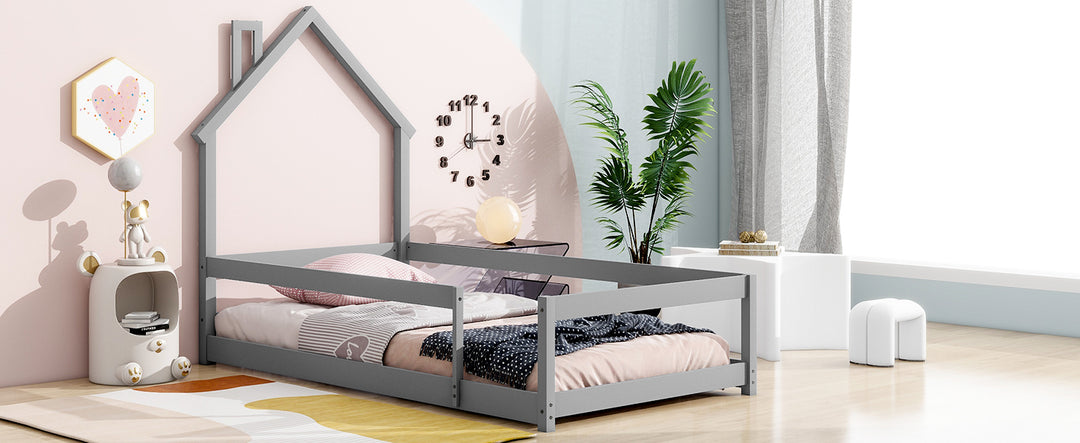 Twin Size Wood bed with House-shaped Headboard Floor bed with Fences,Grey