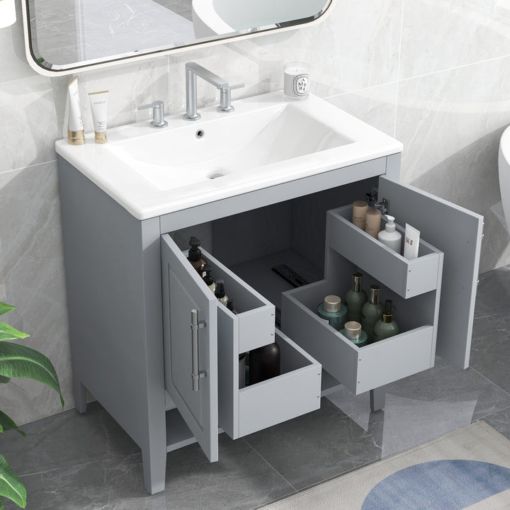 30" Bathroom Vanity with Sink, Multi-functional Bathroom Cabinet with Doors and Drawers, Solid Frame and MDF Board, Grey