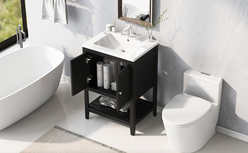 24 inch Modern Black Bathroom Cabinet With Ceramic Sink & Solid Wood Frame