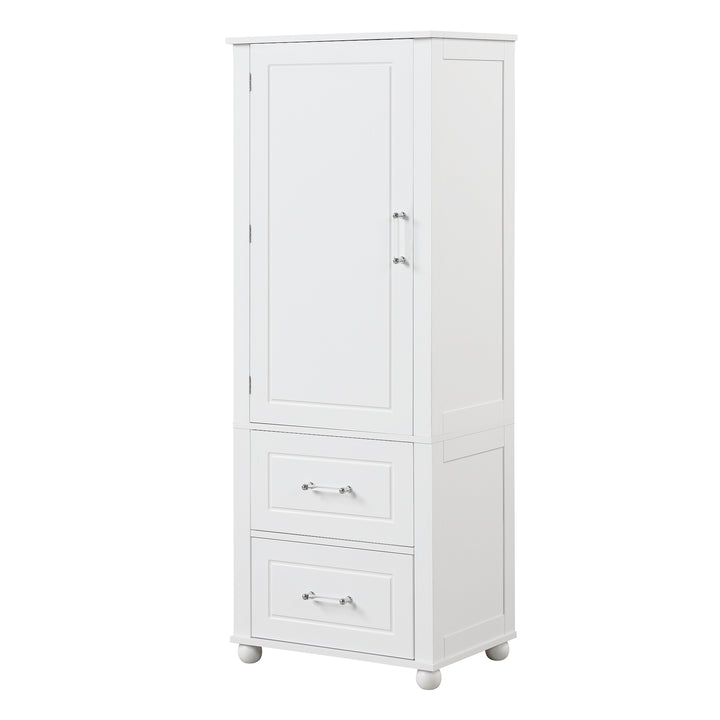 Tall bathroom storage cabinet with two drawers and adjustable shelves for independent storage