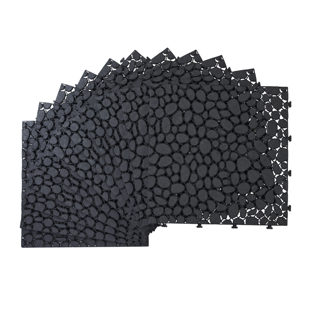 12x12 Inch Black Interlocking Waterproof Snap On Deck Tiles Pebble Pattern (Pack of 12)