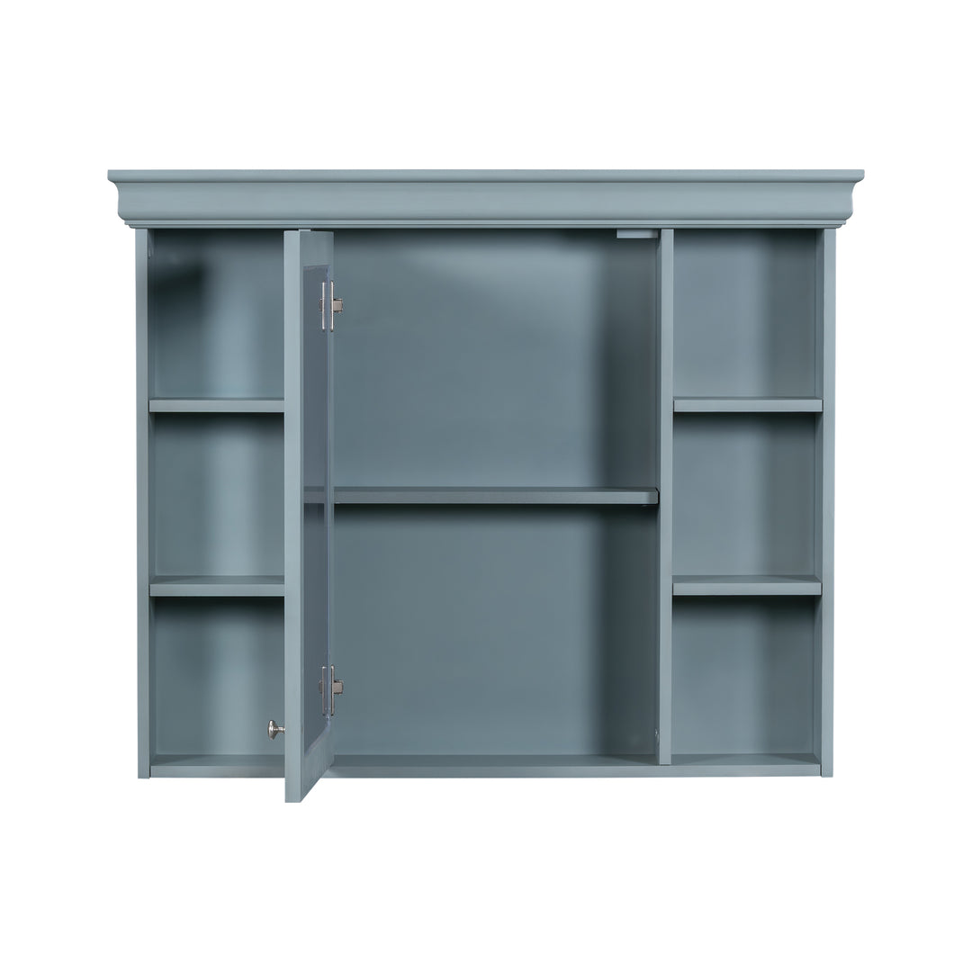 35 ''x 28' 'blue wall mounted bathroom storage cabinet with mirror door and medication cabinet with 6 open shelves