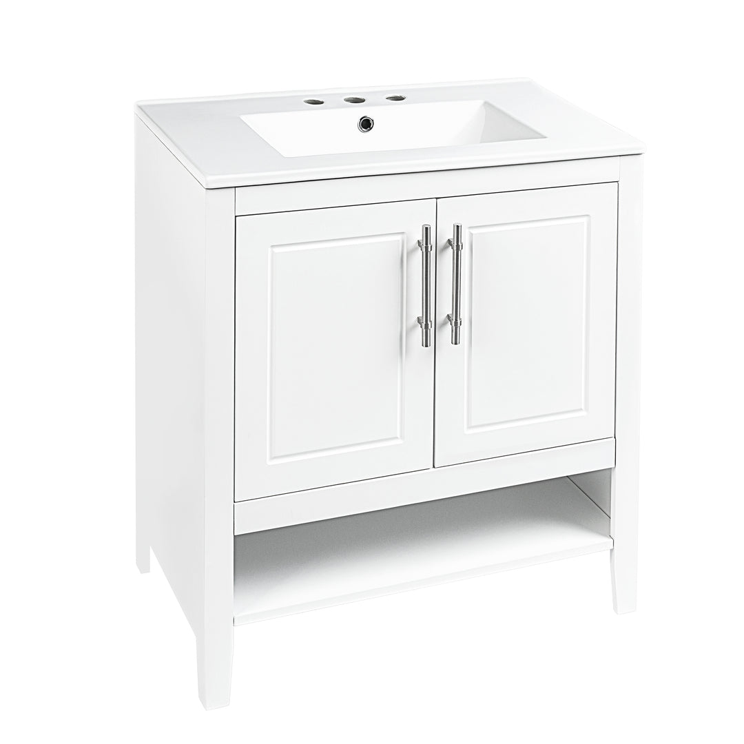 30" Bathroom Vanity with Sink  Multi-functional Bathroom Cabinet with Doors and Drawers Solid Frame and MDF Board, White