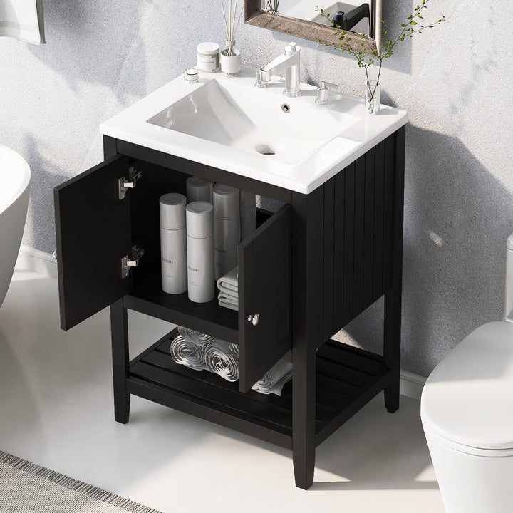 24 inch Modern Black Bathroom Cabinet With Ceramic Sink & Solid Wood Frame