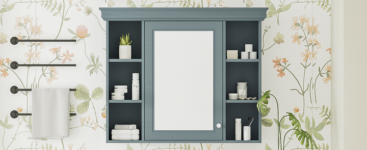 35 ''x 28' 'blue wall mounted bathroom storage cabinet with mirror door and medication cabinet with 6 open shelves