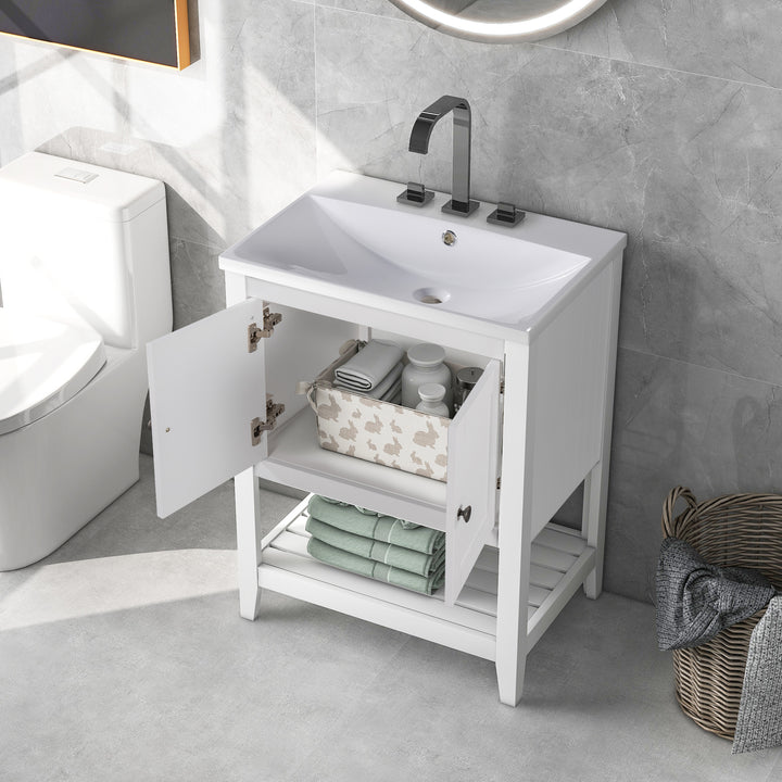 24 inch Bathroom Cabinet With Ceramic Sink & Solid Wood Frame