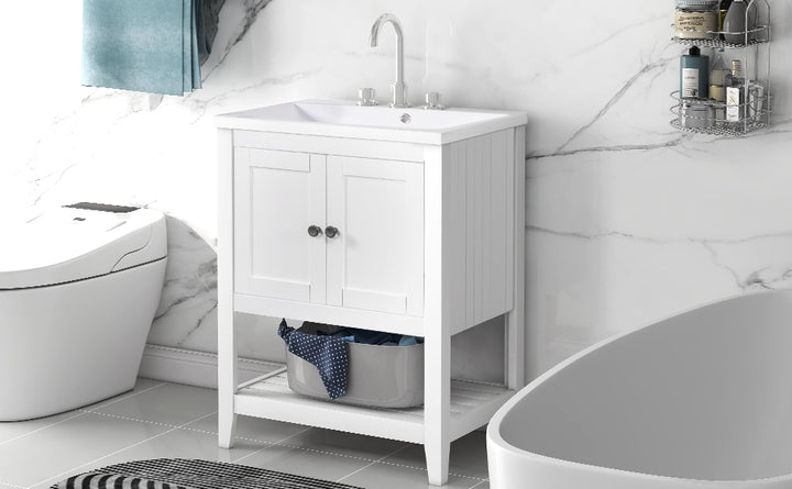 24 inch Bathroom Cabinet With Ceramic Sink & Solid Wood Frame