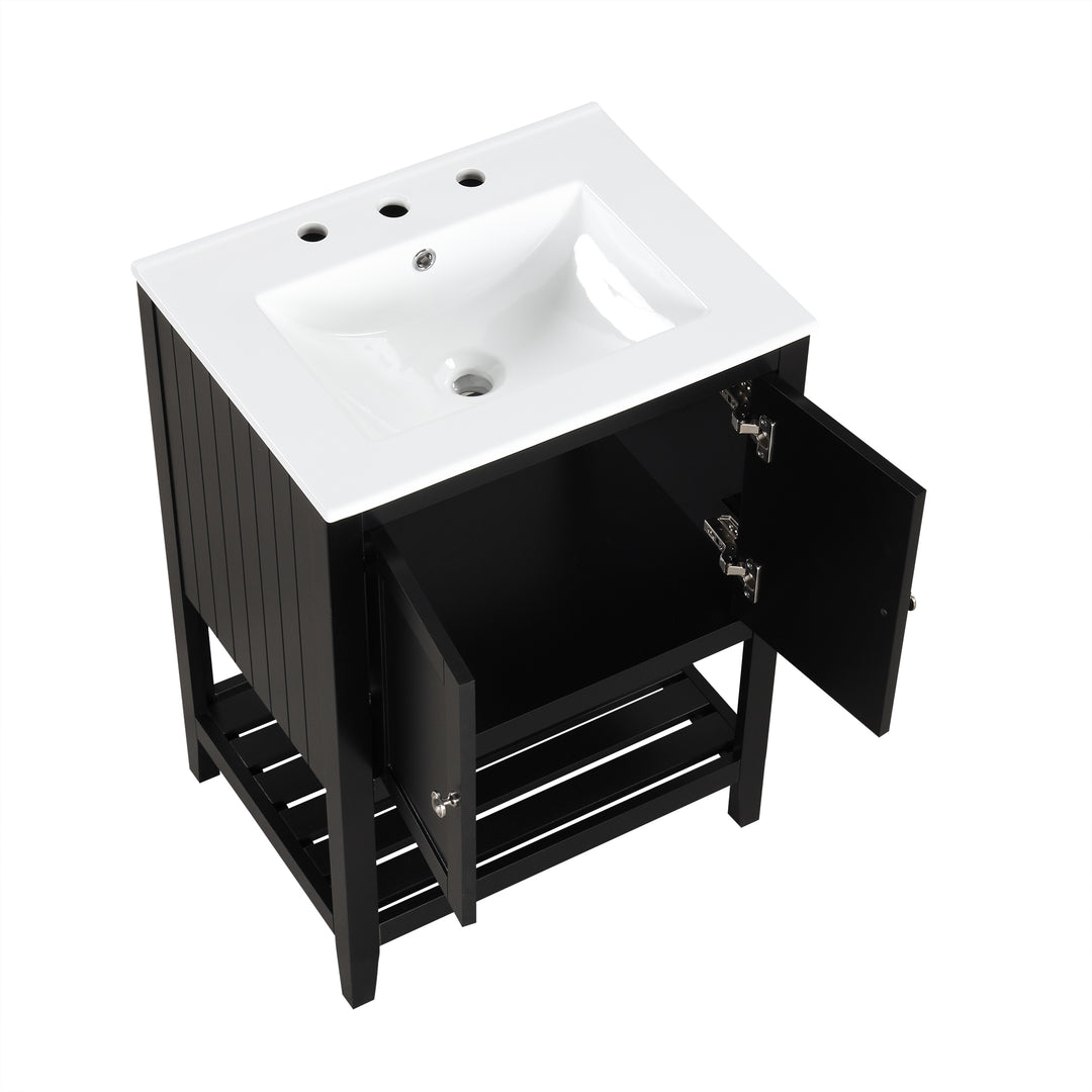 24 inch Modern Black Bathroom Cabinet With Ceramic Sink & Solid Wood Frame