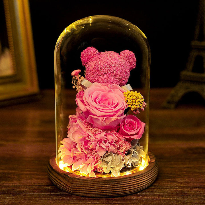 Valentine's Day Gift Everlasting Flower Bear Moss Glass Cover Finished Gift Box for Girlfriend Birthday Ornament Dried Flowers Roses