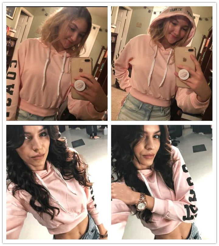 Sudadera con capucha corta con cordón de color rosa para mujer