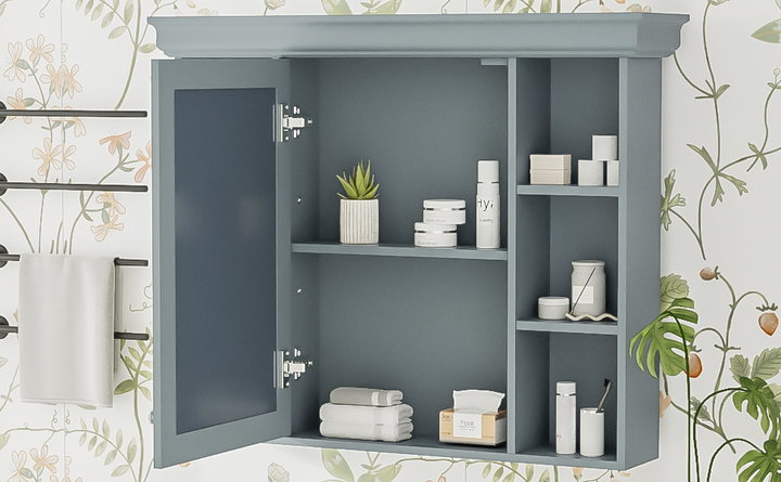 35 ''x 28' 'blue wall mounted bathroom storage cabinet with mirror door and medication cabinet with 6 open shelves