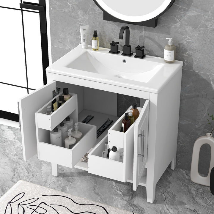 30" Bathroom Vanity with Sink  Multi-functional Bathroom Cabinet with Doors and Drawers Solid Frame and MDF Board, White