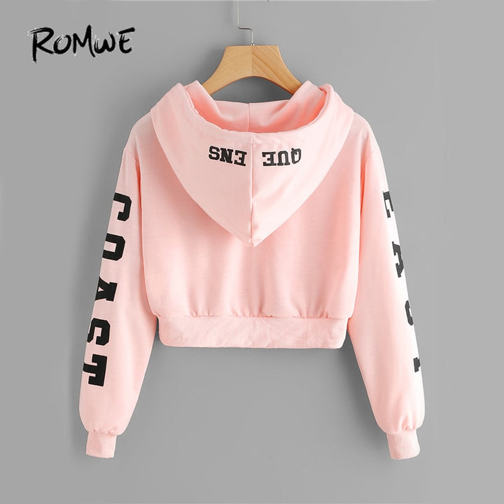 Sudadera con capucha corta con cordón de color rosa para mujer