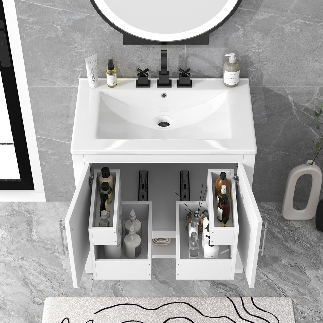 30" Bathroom Vanity with Sink  Multi-functional Bathroom Cabinet with Doors and Drawers Solid Frame and MDF Board, White